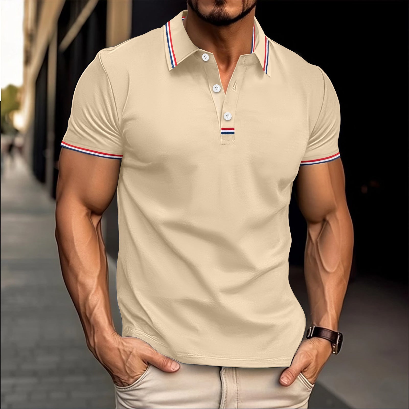 Men's slim fit cotton blend polo shirt with ribbed collar and button placket, polished versatile style