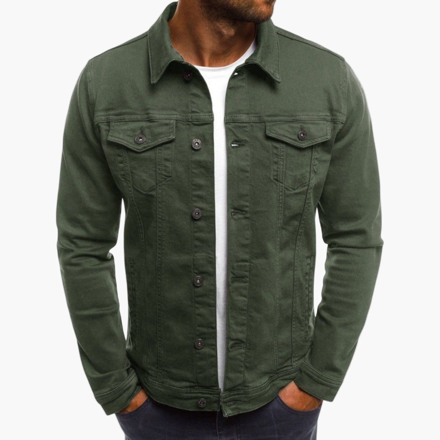 Men's blue slim fit denim jacket with workwear style, patch chest pocket, sturdy buttons