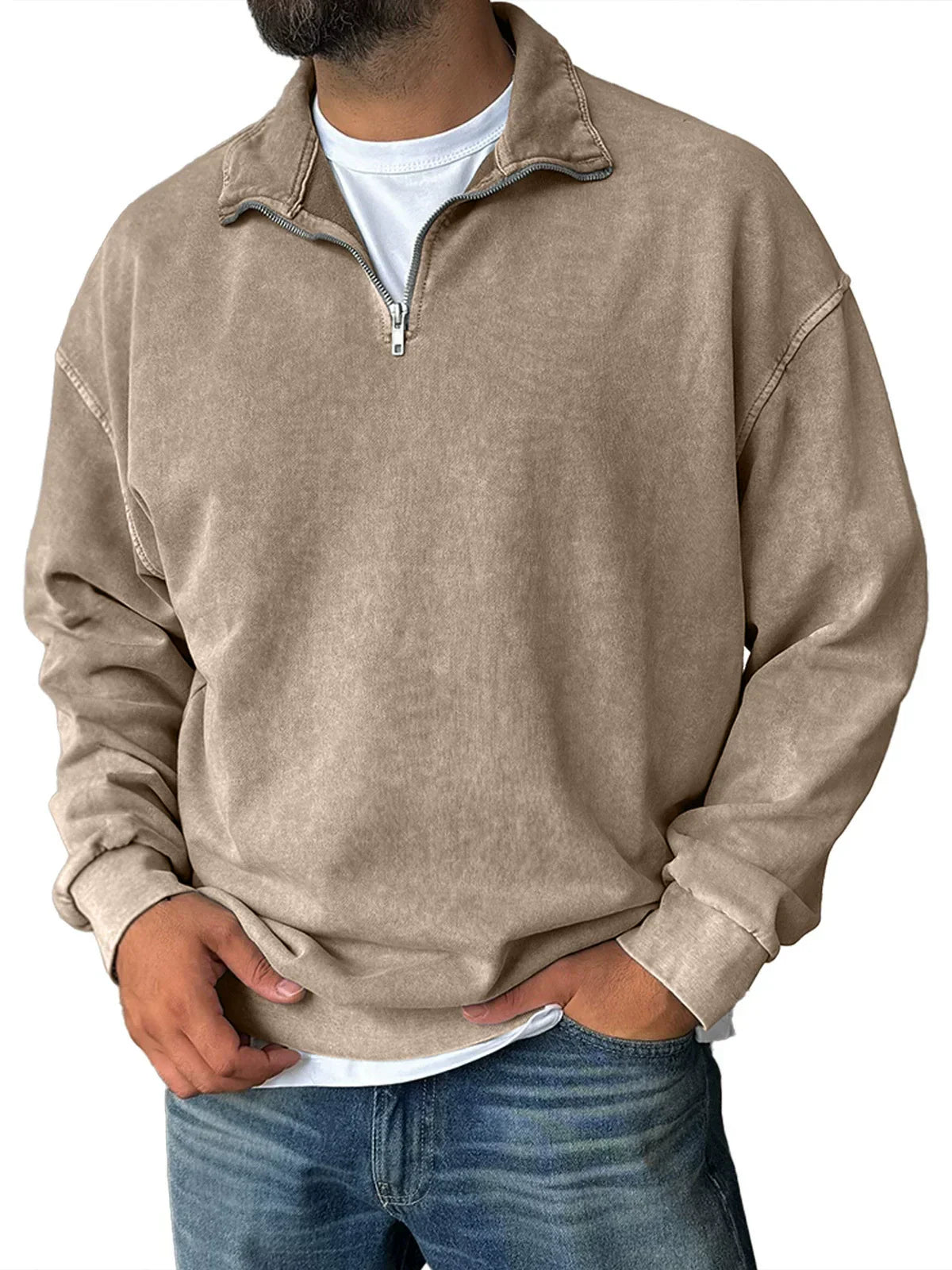 Men's gray cotton-blend relaxed fit half-zip sweatshirt with stand collar for everyday casual wear