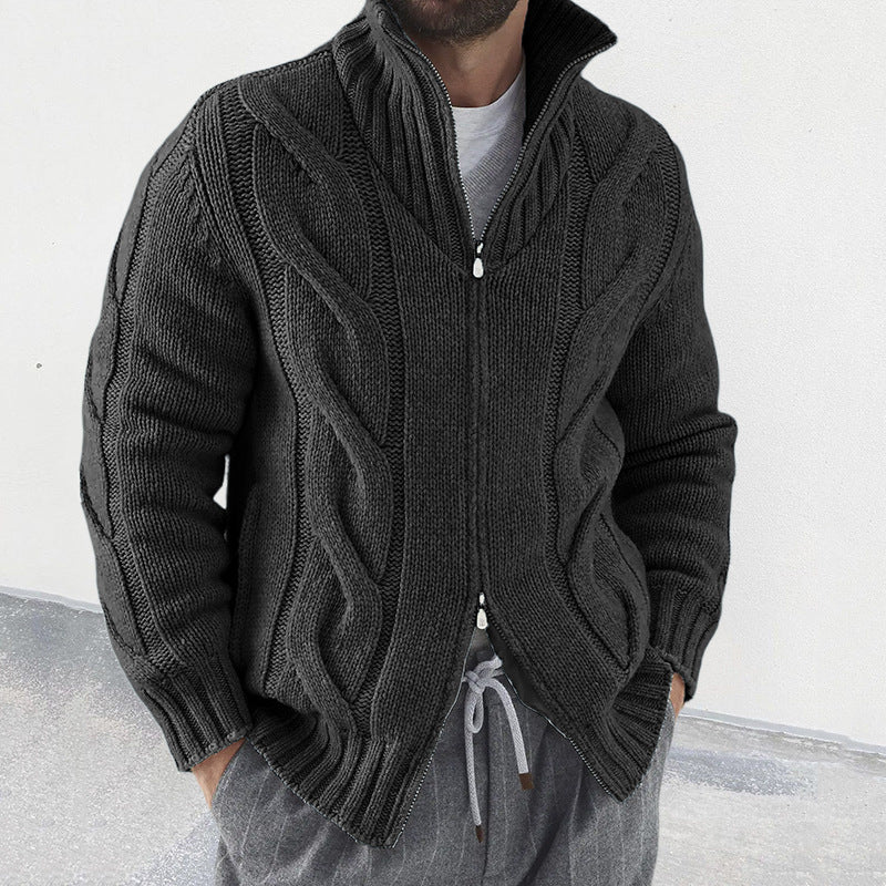 Men's grey wool blend relaxed fit cardigan with cable knit sleeves, zipper, and high neck collar