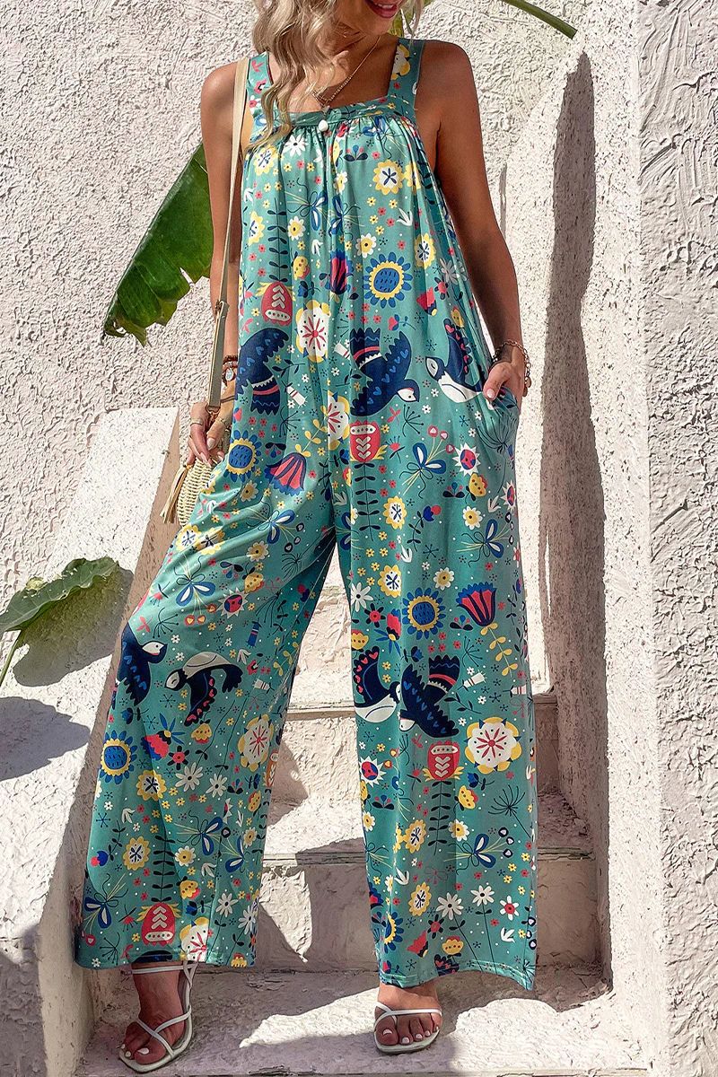 Women's loose fit wide leg printed strapless jumpsuit lightweight breathable summer style