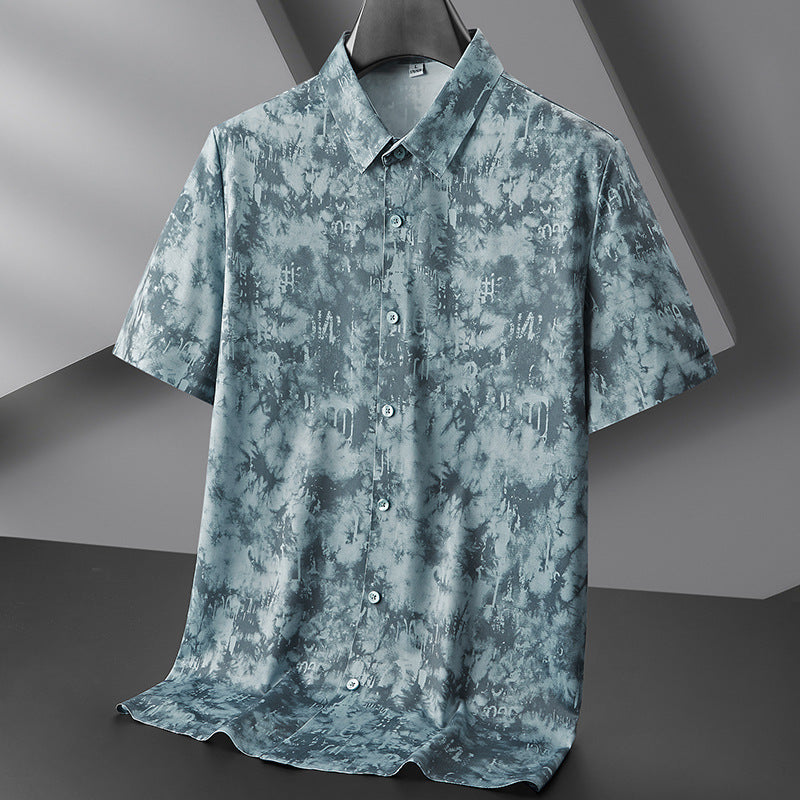 Unisex ice silk relaxed-fit shirt in abstract blue-green print, lightweight breathable wrinkle-resistant short sleeve