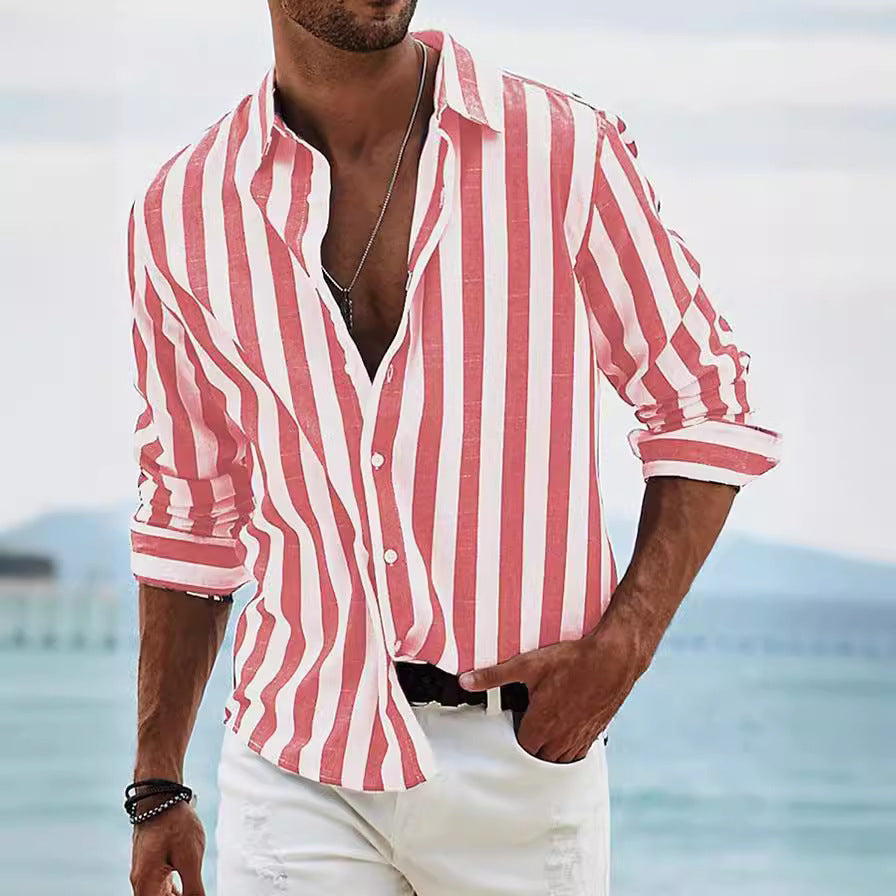 Men's striped cotton linen blend long sleeve shirt relaxed fit breathable casual everyday wear