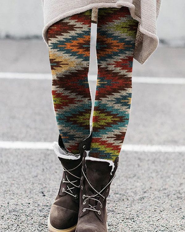 Women's full-length stretch knit leggings with bold geometric pattern, breathable fit for active wear