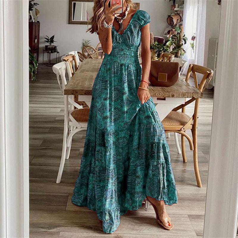 Women's cotton maxi dress V-neck smocked bodice tiered skirt breathable chic warm-weather style