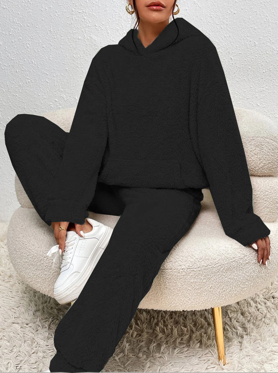 Women's plush fleece two-piece lounge set hoodie wide-leg pants kangaroo pocket relaxed fit