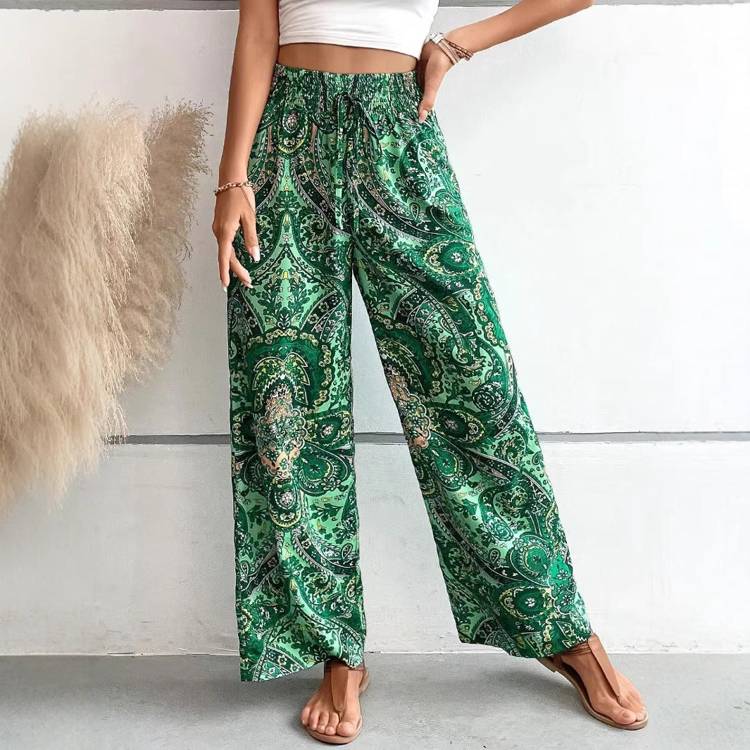 Women's wide-leg bohemian print pants with elastic waist, lightweight breathable fabric, relaxed silhouette