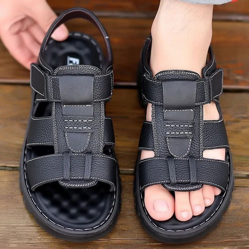 Men's open toe sandals with adjustable straps, thick grippy sole, breathable urban casual style