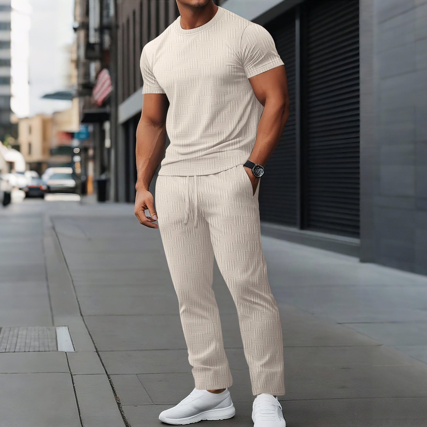 Men's slim fit training set breathable stretch fabric textured design athletic activewear
