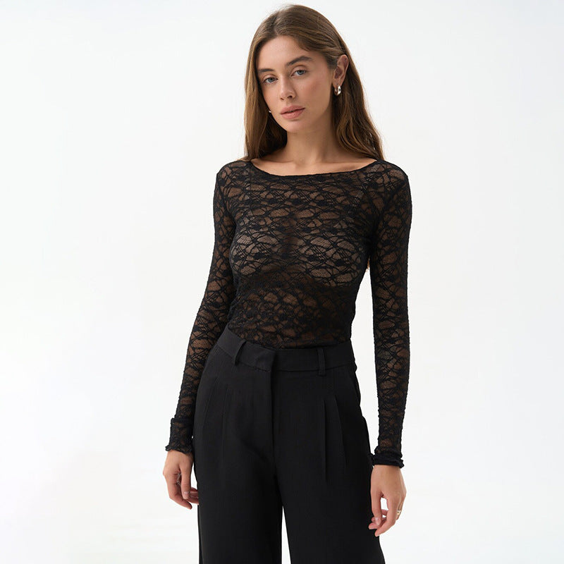 Women's elegant lace long sleeve top transparent floral pattern chic eveningwear all occasions