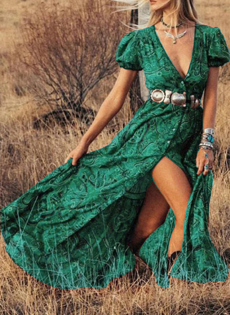Women's maxi dress fitted waist puff sleeves front slit button detail spring summer style
