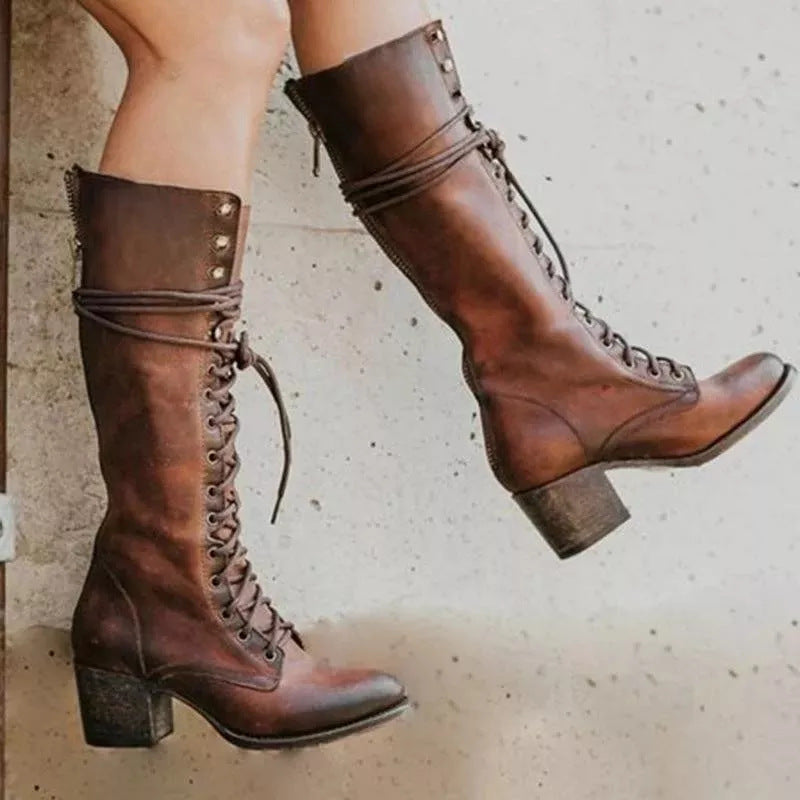 Women's black lace-up knee-high boots with block heel and adjustable front lacing
