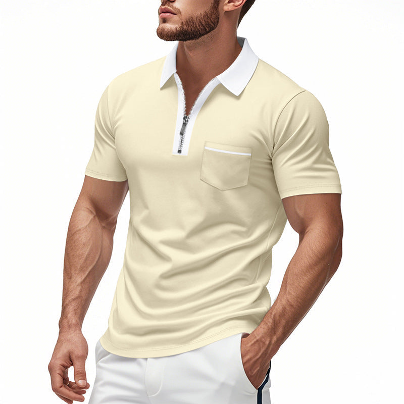 Navy blue men's slim fit polo shirt cotton blend with zipper closure and chest pocket