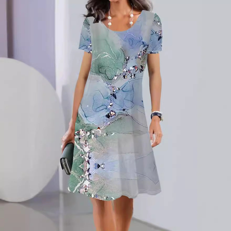 Women's A-line floral dress short sleeve cotton knee length comfortable everyday spring summer