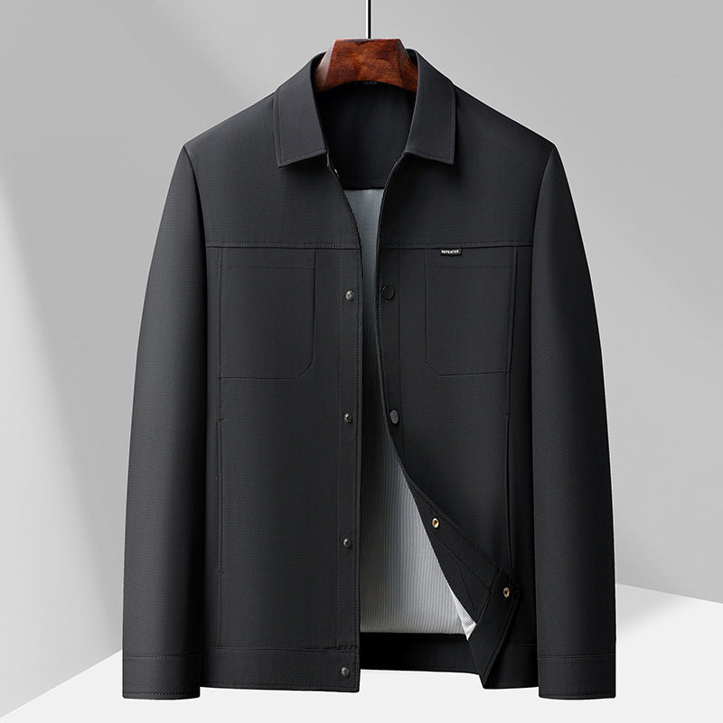 Men's casual regular fit jacket with lapel collar, snap button closure, and four functional pockets