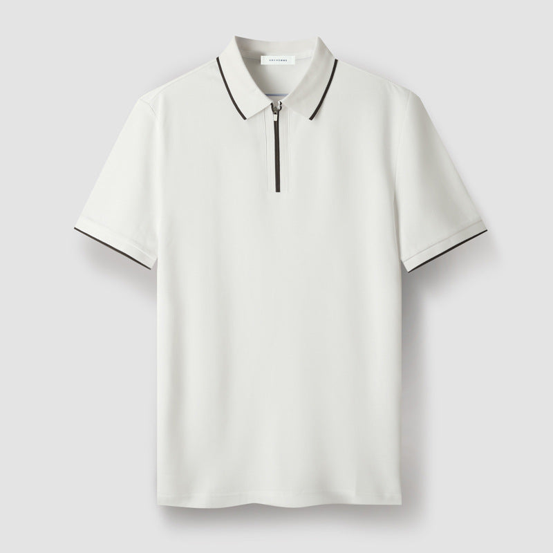 Men's navy blue zip-up polo textured knit lightweight stretch breathable everyday comfort fit