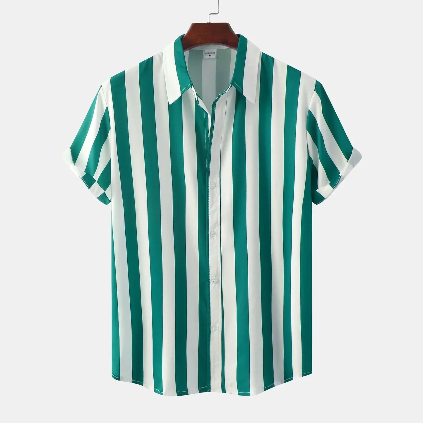 Men's short sleeve button-down shirt vertical stripes casual elegant slim silhouette everyday style