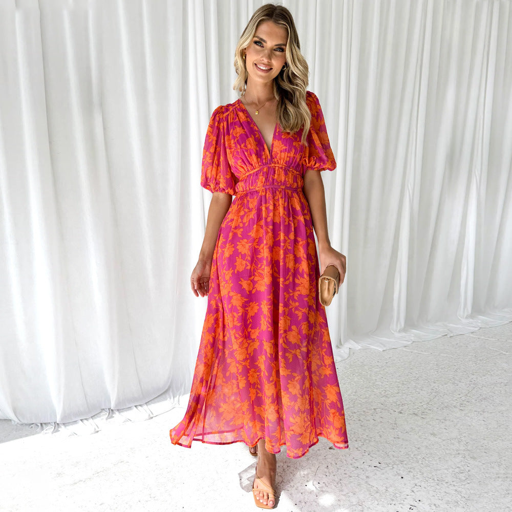 Women's A-line maxi dress V-neck voluminous sleeves breathable spring summer elegant silhouette
