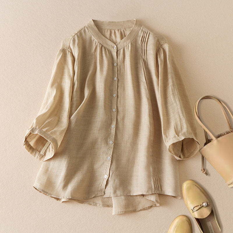 Women's relaxed fit shirt natural fibers stand collar with pleated detail timeless Nordic style