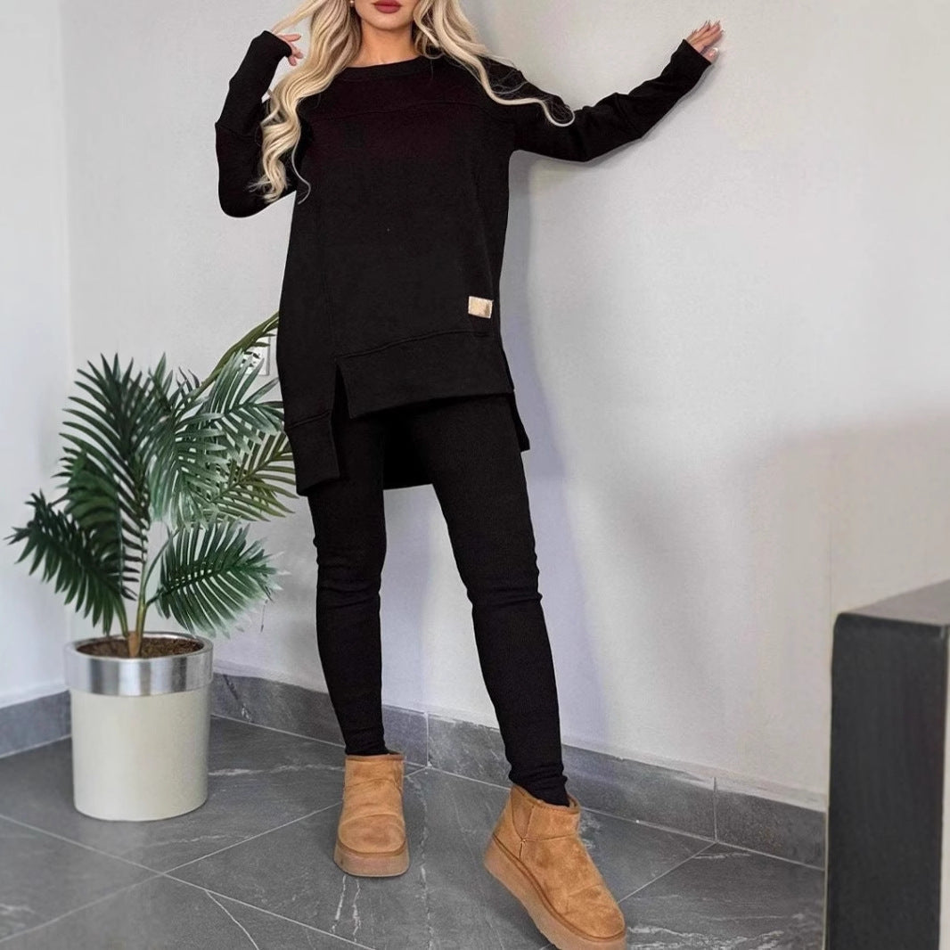 Women's soft knit two-piece set oversized slit sweater with fitted leggings casual comfort style