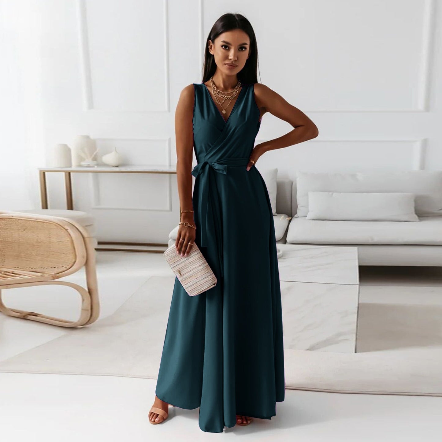 Women's sleeveless V-neck wrap maxi dress with cinched belt, flowy silhouette for weddings and parties