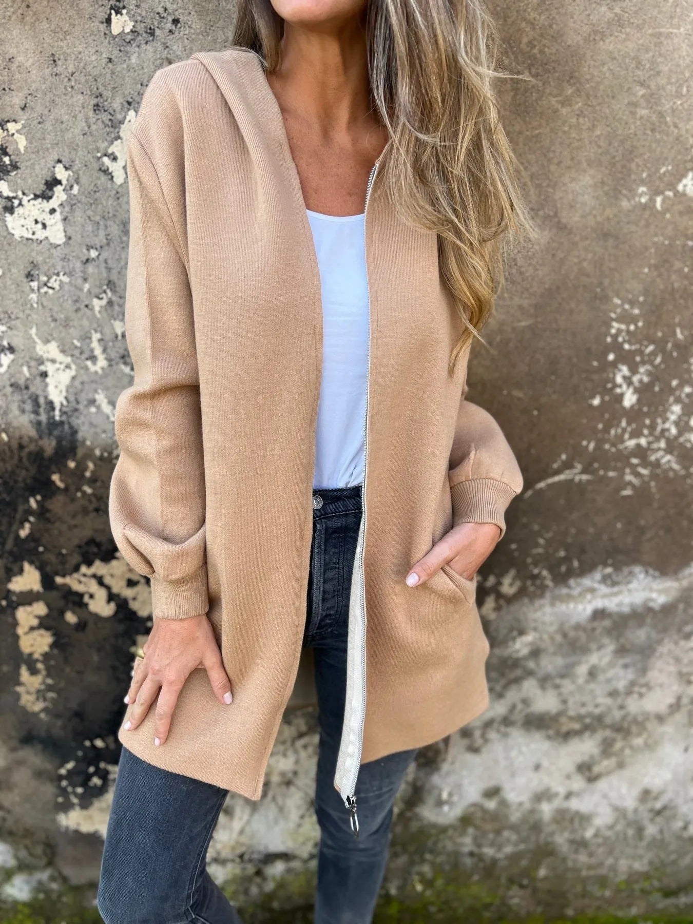 Women's cotton-blend hooded jacket relaxed fit zip-front with cozy warmth and side pockets