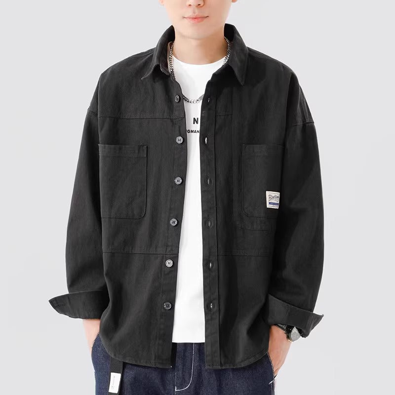 Men's relaxed fit cotton overshirt jacket in neutral tone, everyday layering essential with clean lines