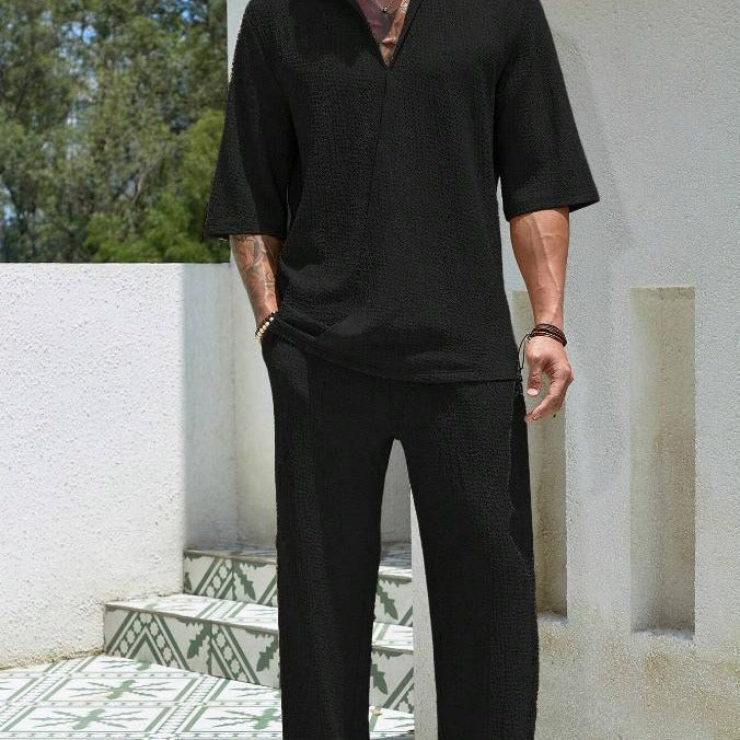Men's lightweight cotton 2-piece set relaxed fit short-sleeve shirt and pants breathable casual outfit