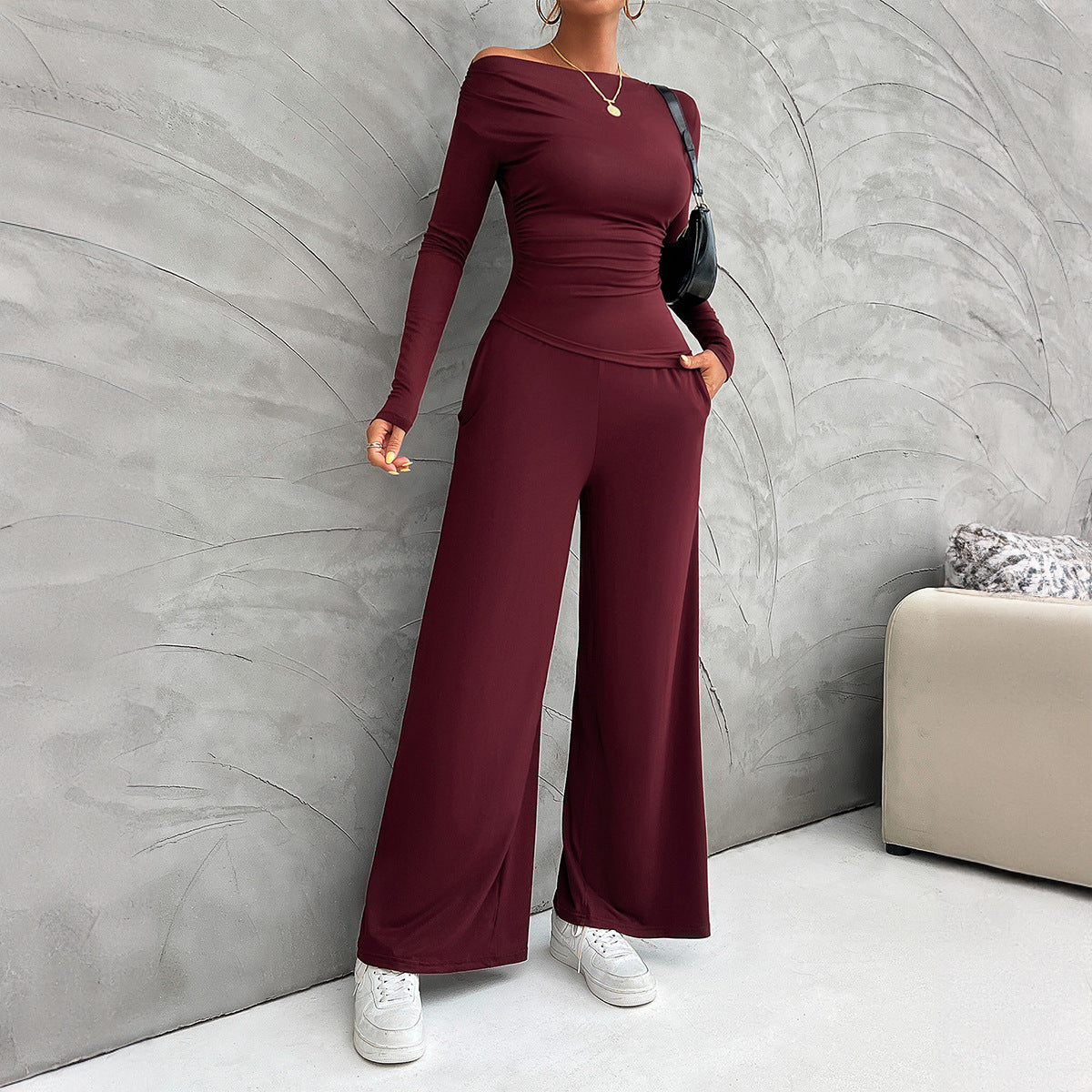 Women's ivory slim-fit long-sleeve top and high-waisted wide-leg pants professional suit set