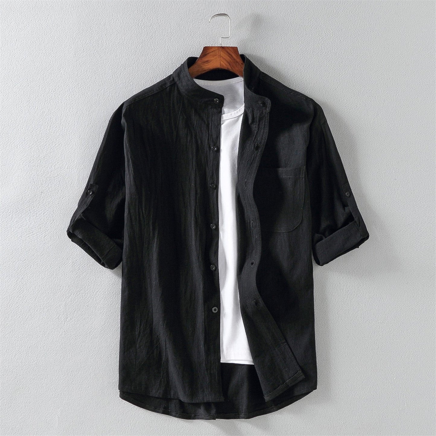 Men's linen blend short sleeve shirt, relaxed fit with mandarin collar, lightweight breathable casual style