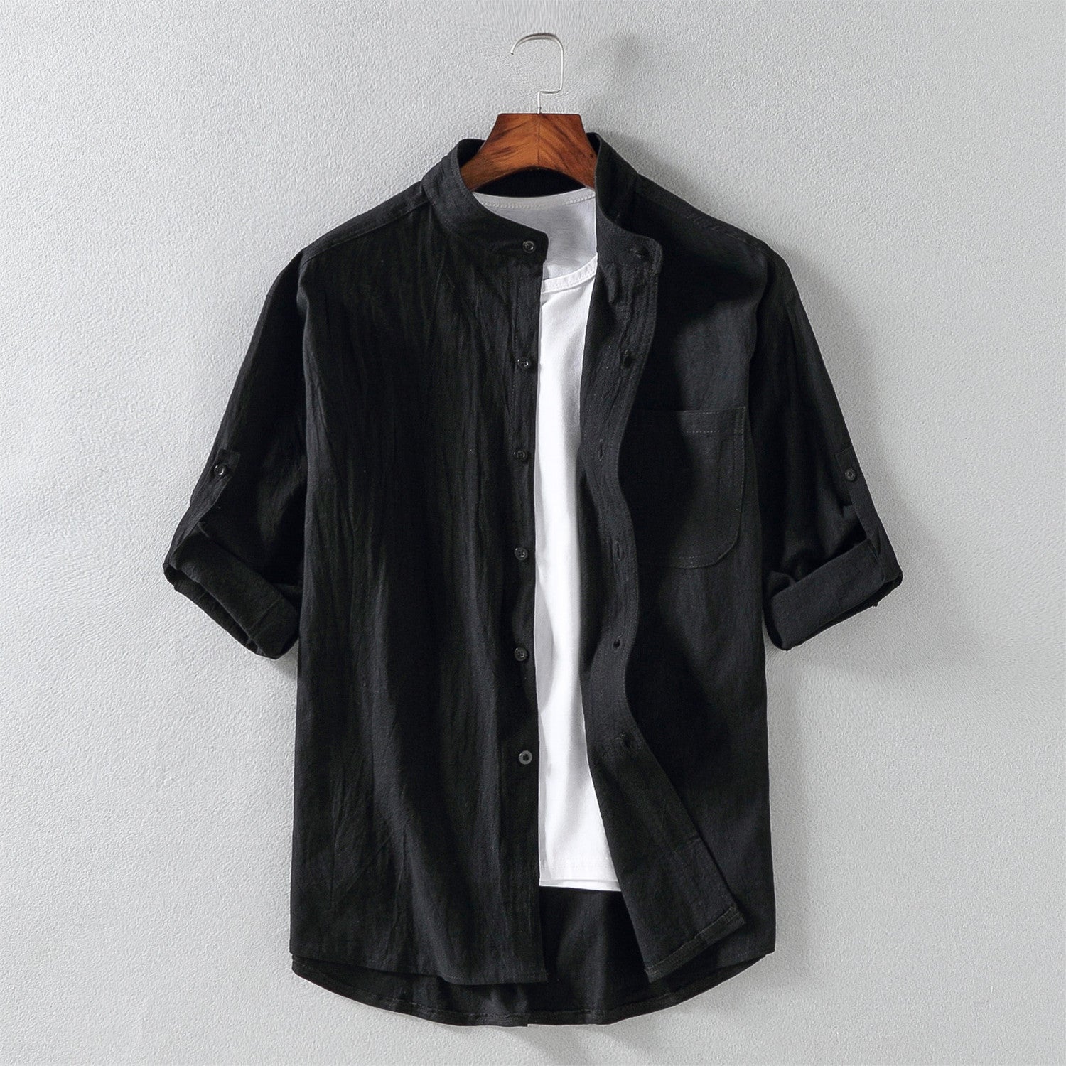 Men's linen blend short sleeve shirt, relaxed fit with mandarin collar, lightweight breathable casual style