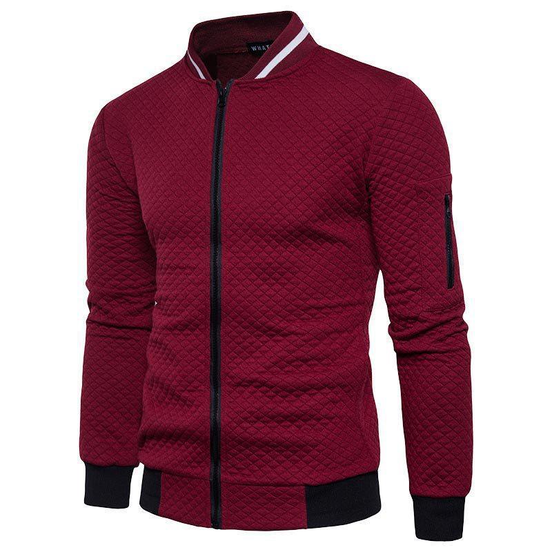 Men's slim fit quilted cardigan black zipper closure ribbed edges sleeve pocket casual urban style