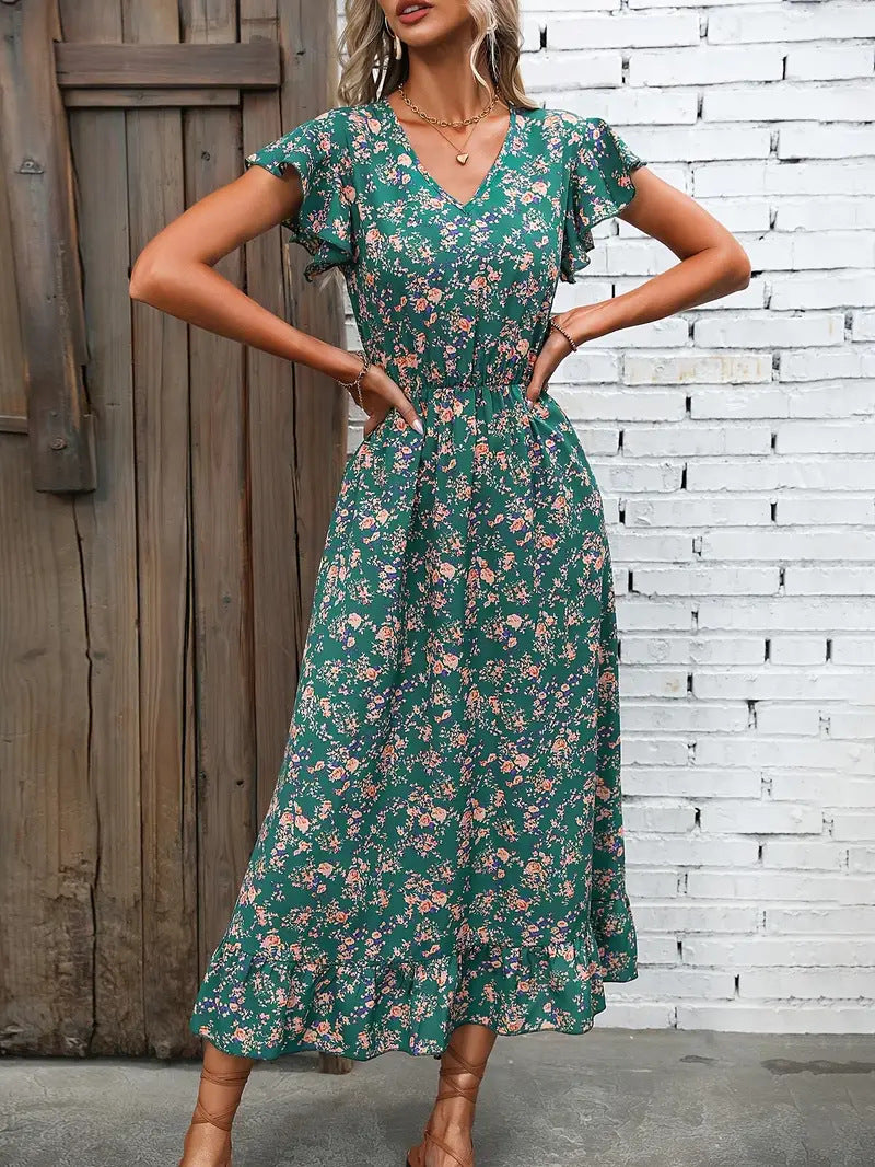 Women's cotton blend midi dress with V-neck, ruched waist, ruffle sleeves, floral print casual style