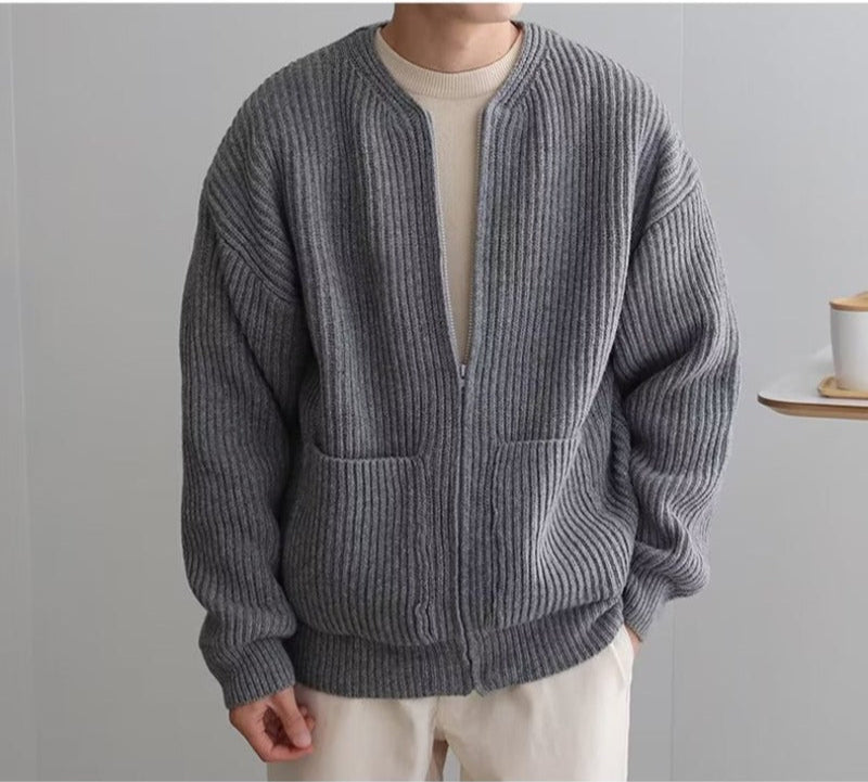 Men's oversized cotton blend cardigan jacket charcoal band collar full-zip layering piece