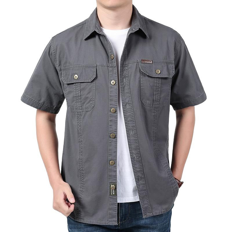 Men's relaxed fit cotton blend short sleeve shirt with dual chest pockets, versatile casual style