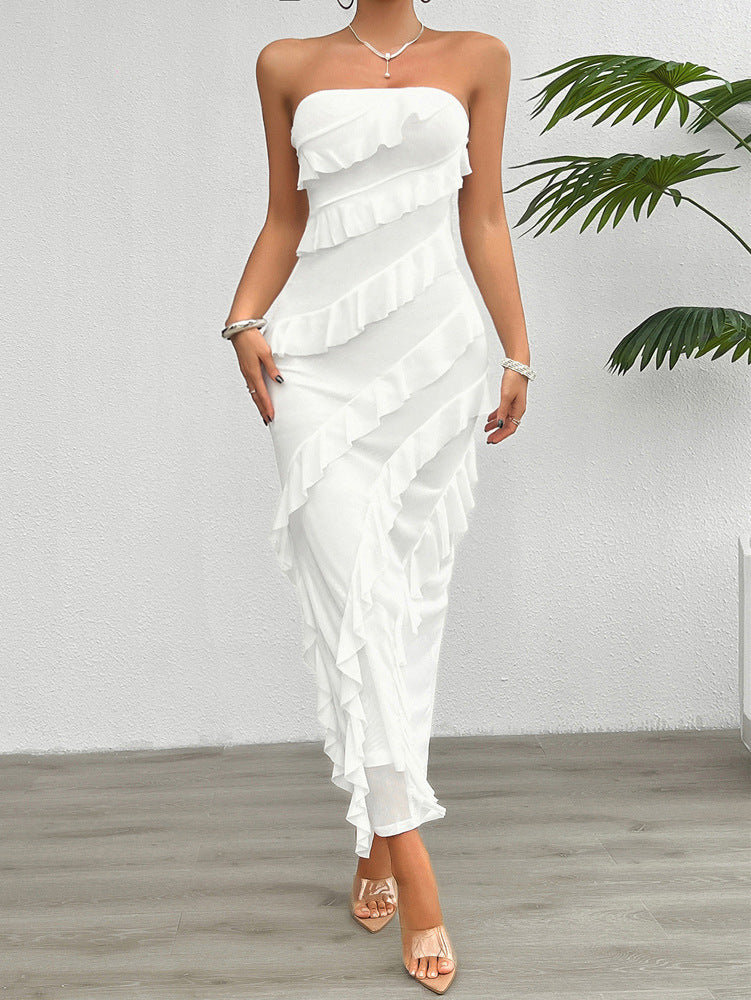 Women's strapless tailored ankle dress with elegant asymmetric ruffle detail, sleek figure-skimming silhouette