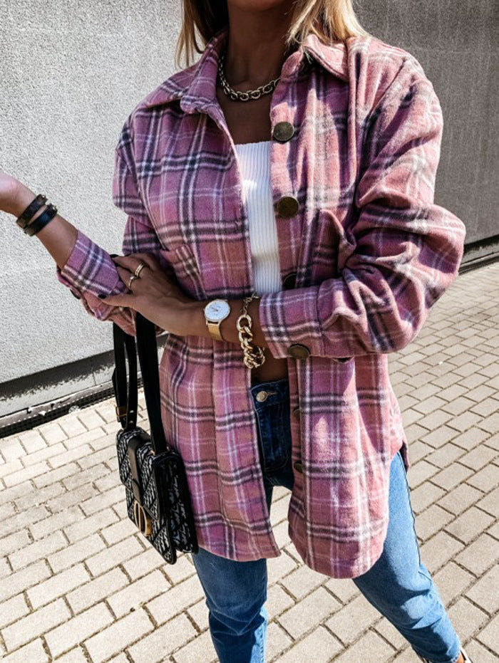 Women's oversized wool-look checkered mid-length jacket with button closure in classic plaid pattern