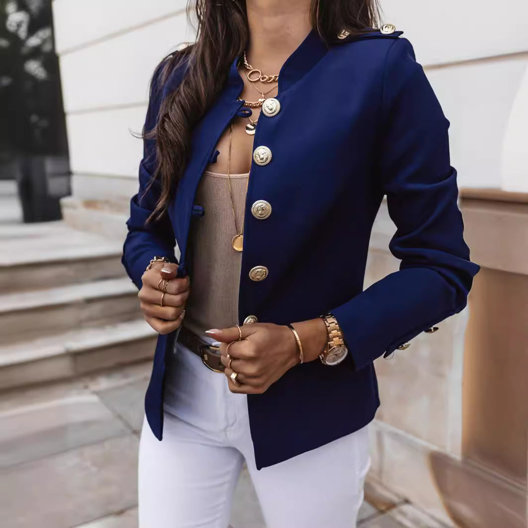 Women's slim fit mandarin collar blazer with metallic button detail for work and evening