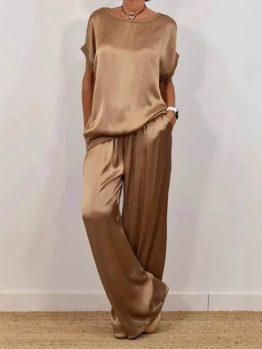 Women's casual loose shirt wide-leg pants set polyester spandex patchwork stitching solid color