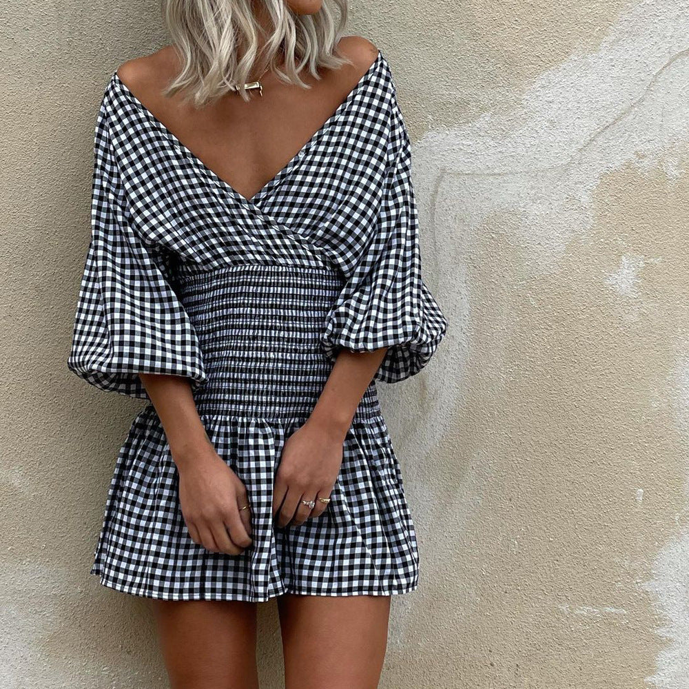 Women's gingham cotton blend mini dress with V-neck, puff sleeves, and smocked waist for summer