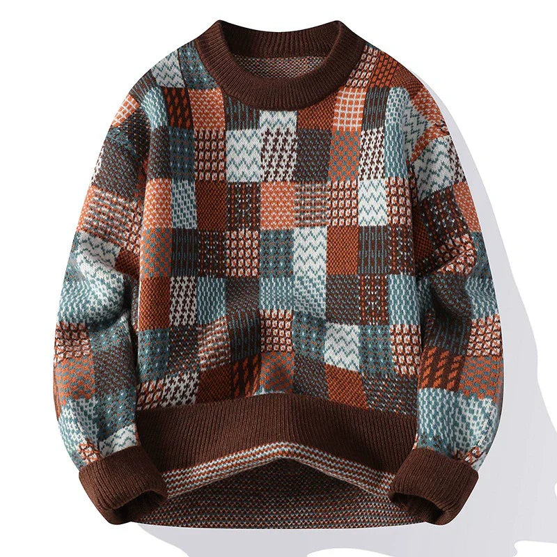 Men's wool knit pullover sweater, relaxed fit with bold checkerboard patchwork in neutral tones