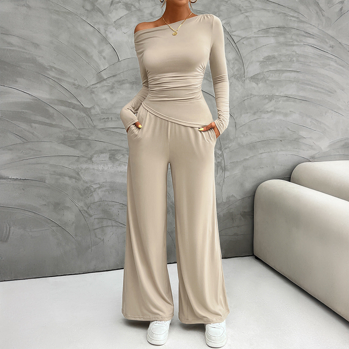 Women's beige slim fit long sleeve top and high waist wide leg pants professional suit set