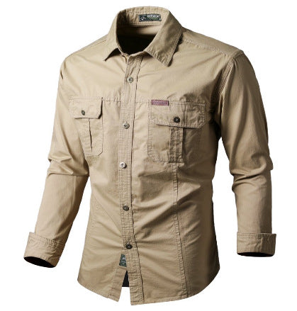 Men's rugged long-sleeve outdoor shirt cotton blend with two chest pockets, breathable all-season fit