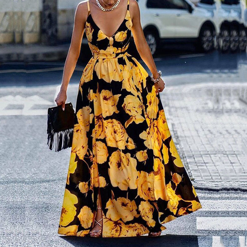 Women's A-line maxi dress with spaghetti straps, light breathable fabric, Nordic Flair print for summer