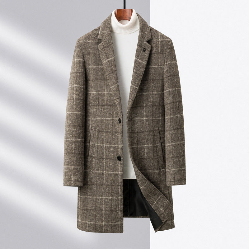 Men's plaid check wool blend overcoat mid-length notch lapel two-button front classic tailored fit