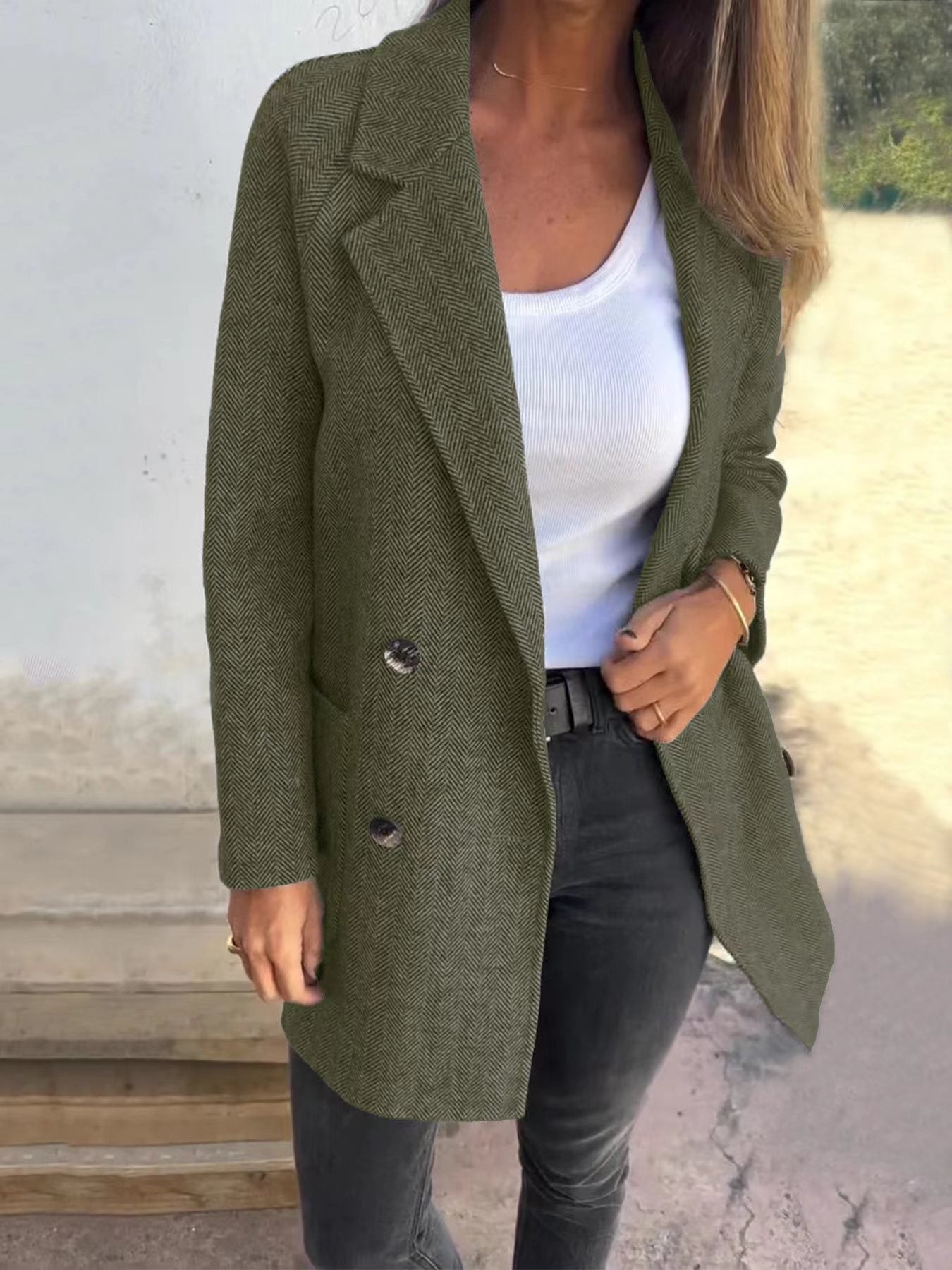 Women's wool blend tailored double-breasted coat classic lapel elegant professional outerwear
