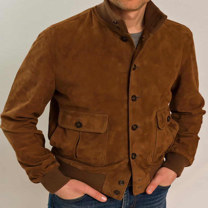 Men's slim fit suede PU leather jacket stand collar casual sophisticated outerwear