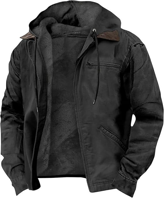 Men's relaxed fit fleece-lined hooded jacket with utility pockets, hip-length warm coat