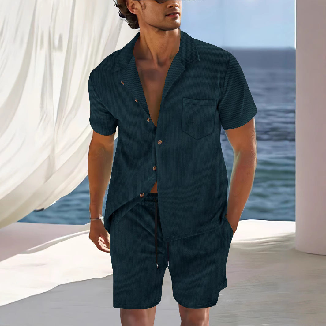 Men's navy blue Cuban collar shirt and shorts set relaxed fit lightweight cotton blend summer casual