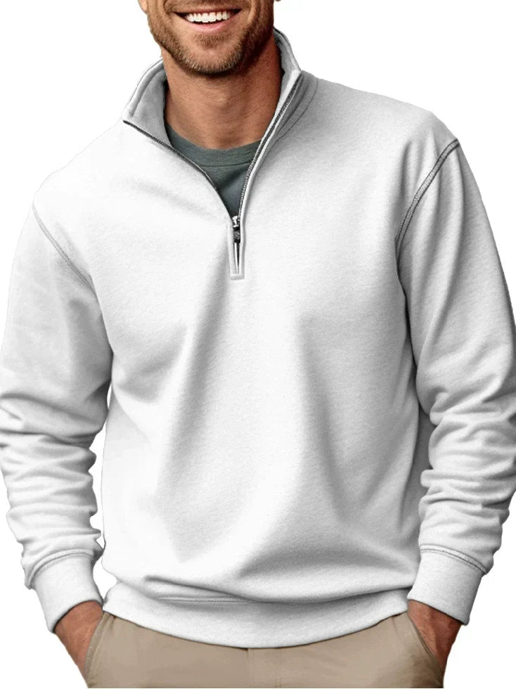Men's gray quarter-zip sweatshirt stand collar soft fleece interior regular fit cozy winter essential